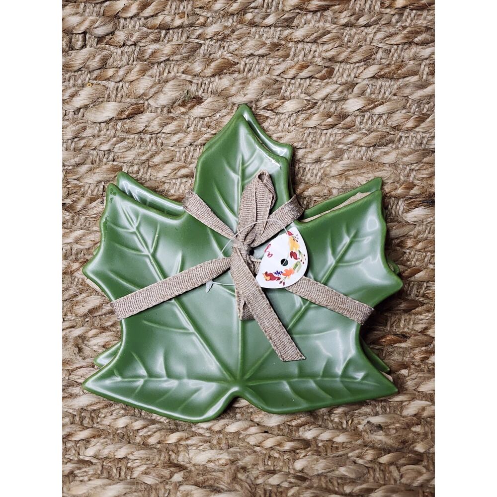 NEW! Set of 2 Autumn Fall Dark Green Leaf Shaped Appetizer Plates IQ Accessories